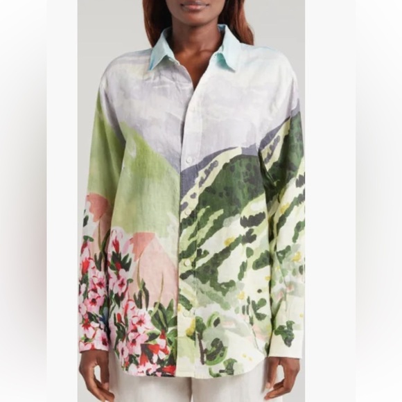 Desmond & Dempsey Tops - EUC Desmond & Dempsey Button-Down Landscape/Floral Print Oversized 100% Linen